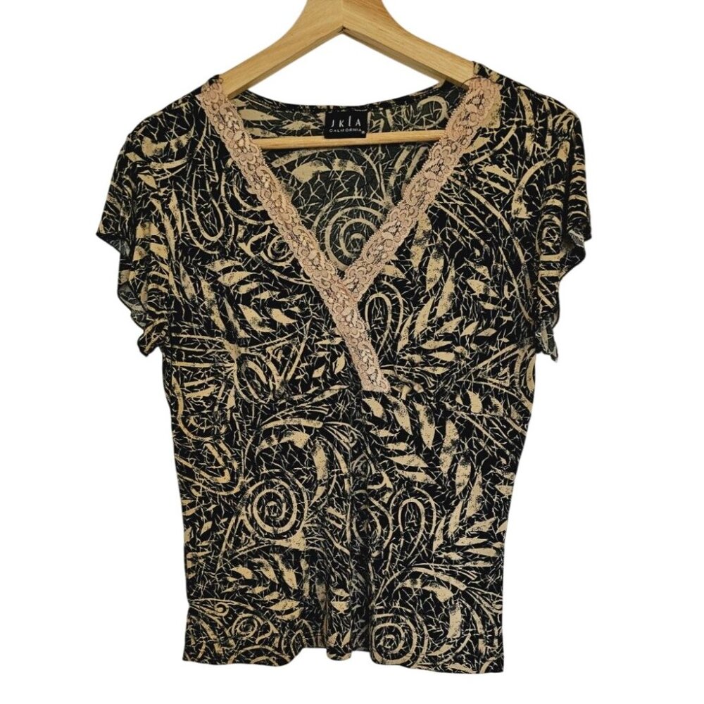 JKLA Top Size Large Black tan flutter sleeve lace trim y2k‎